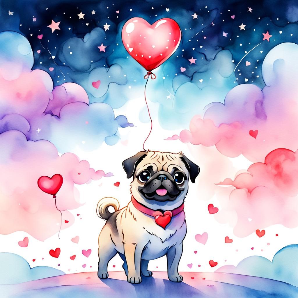 Pug with Heart Balloon in Pastel Watercolor Style