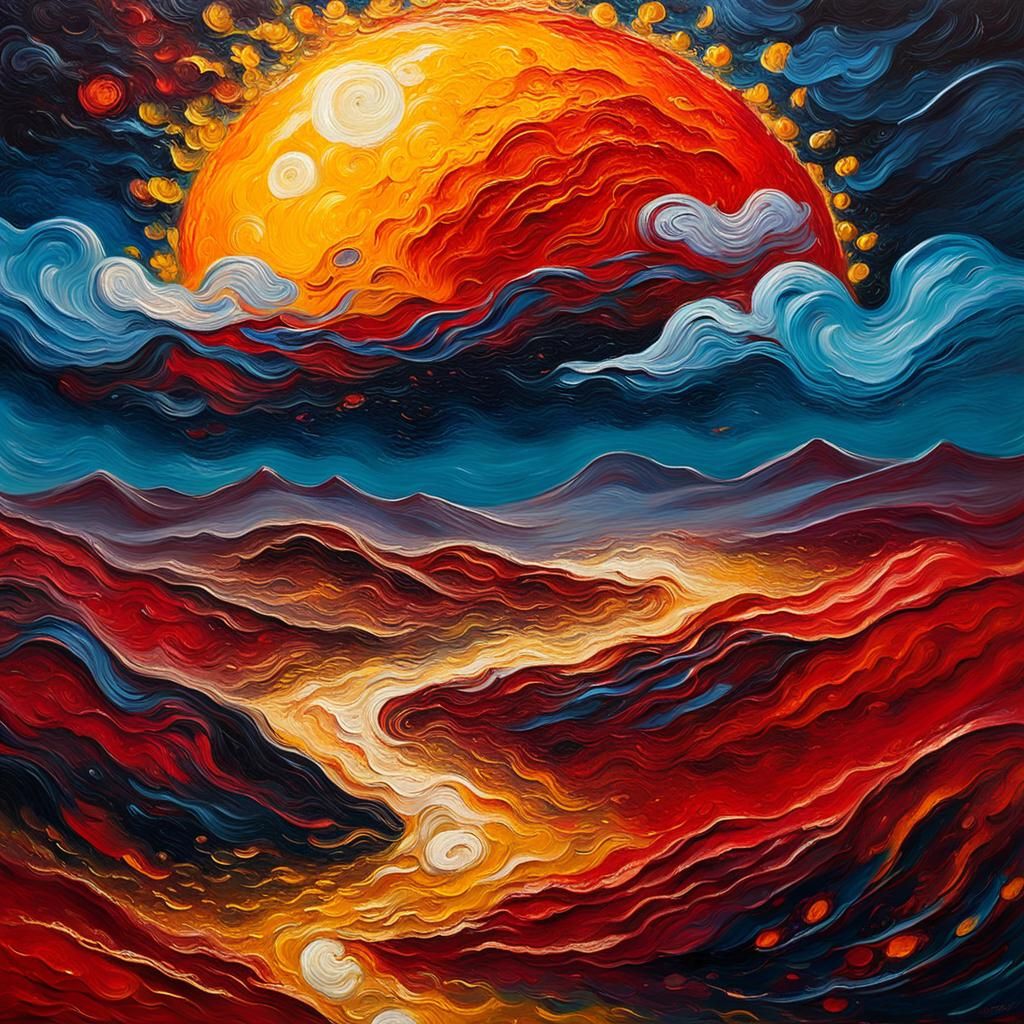 Vibrant Expressionist Galaxy Red Moon Oil Painting