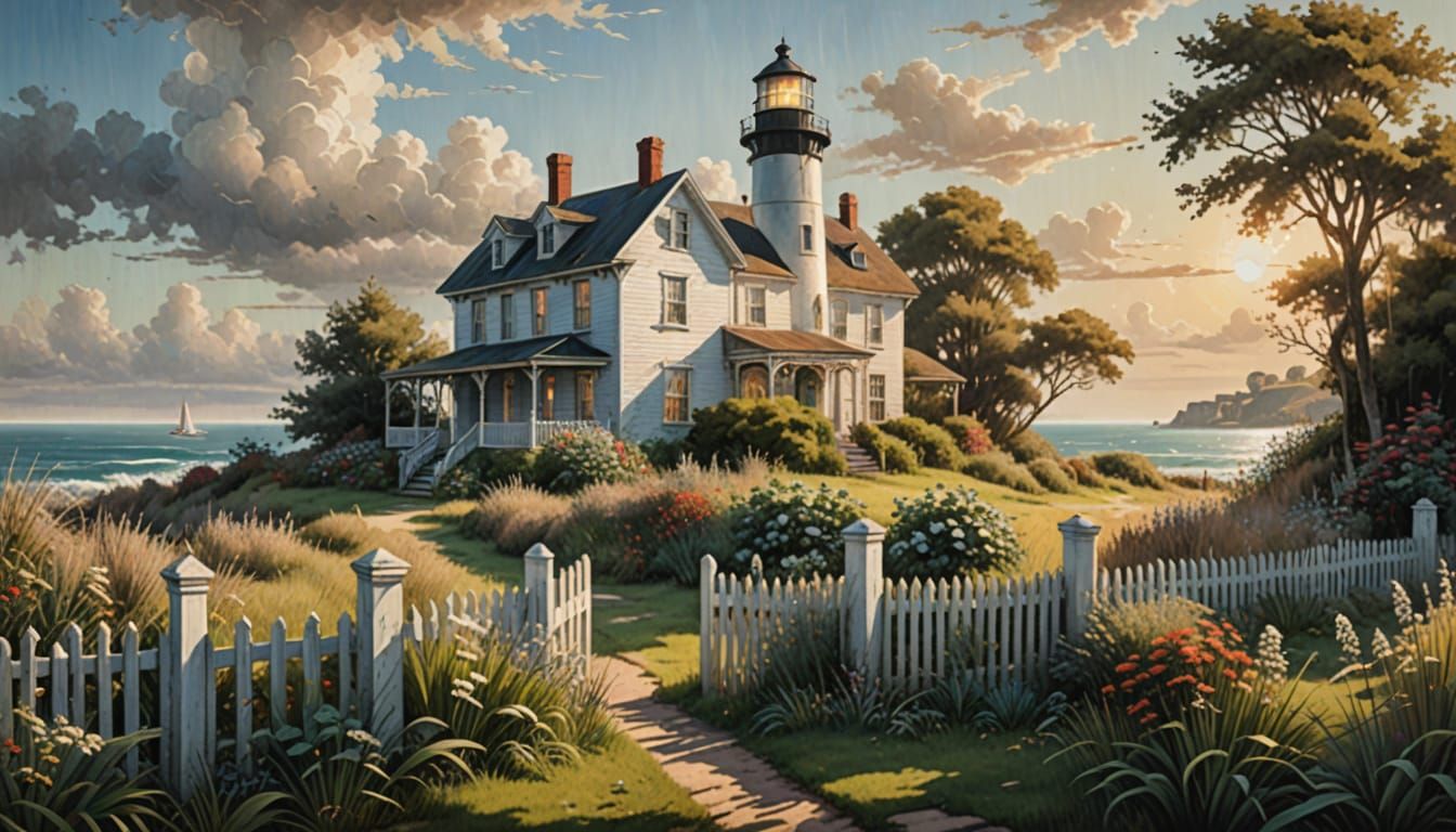 Vintage Lighthouse by Calm Sea, Inspired by Masters