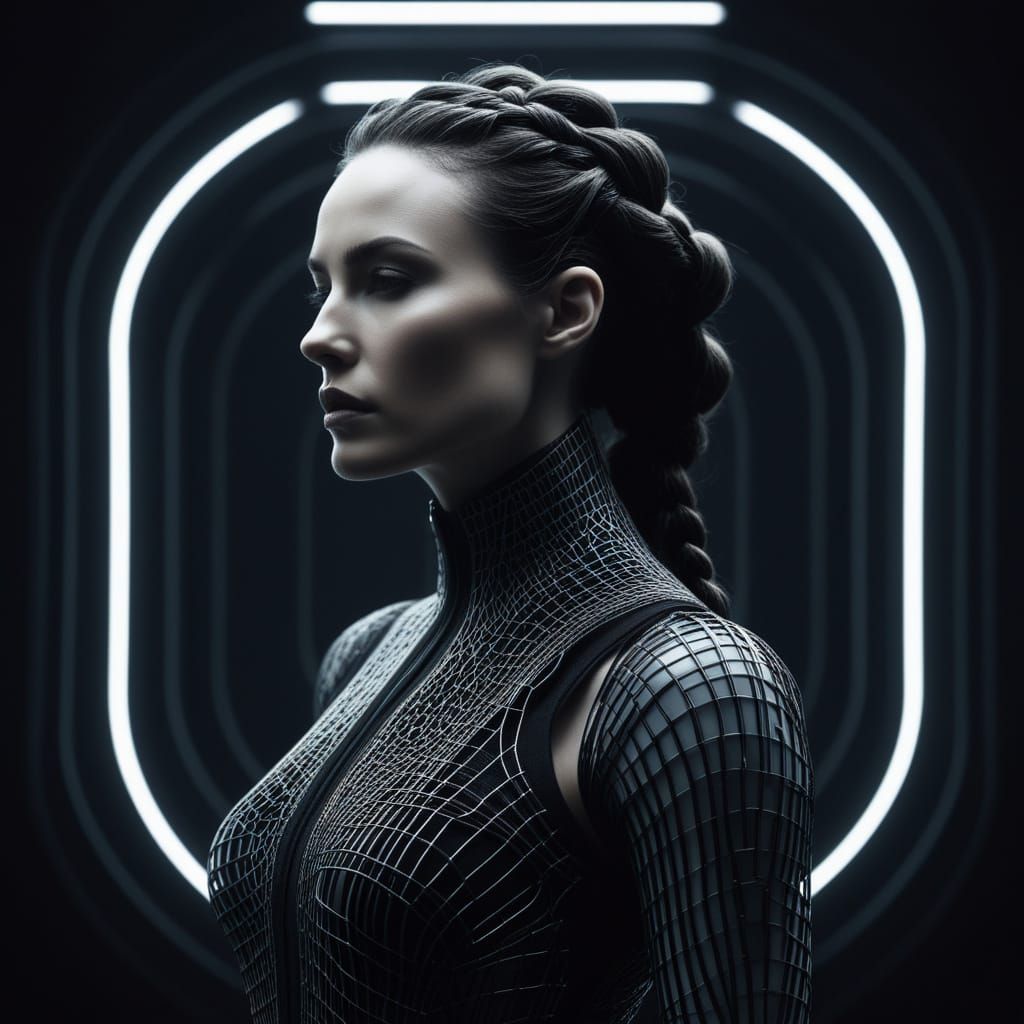 Neo-Noir Portrait of Futuristic Woman in Wire Dress