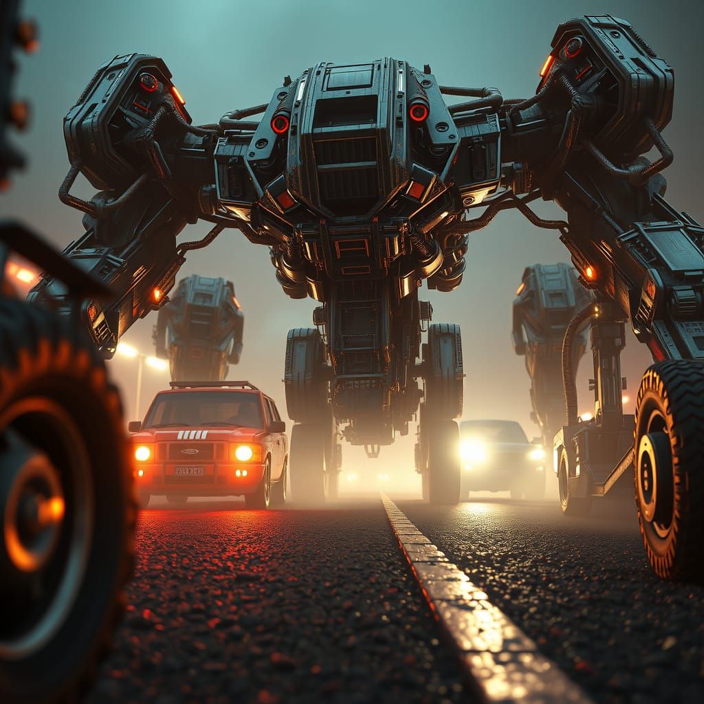 Epic Futuristic Road Rage Scene in Polished Metal