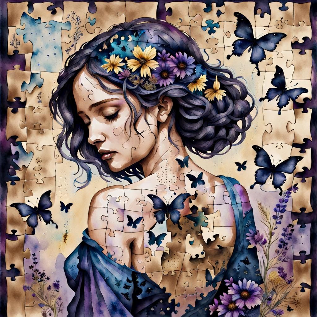 Watercolor Woman with Butterfly Puzzle Pieces