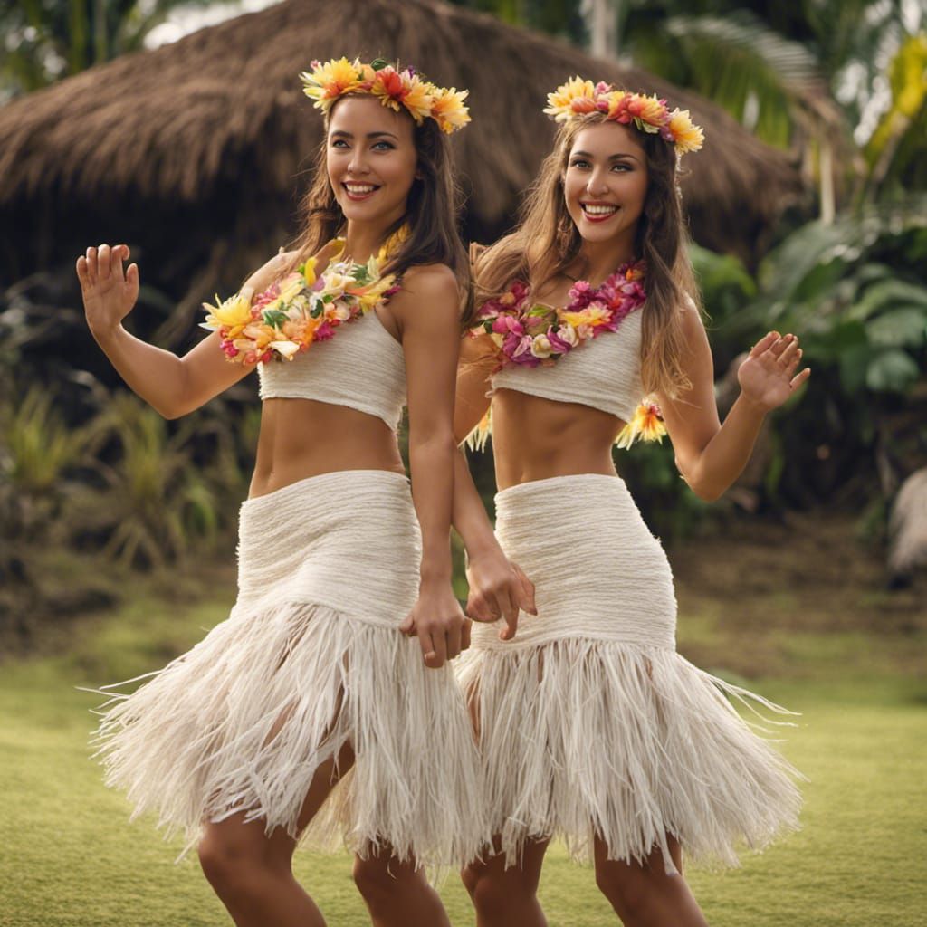 Two Hula Dancers in Textured Skirts