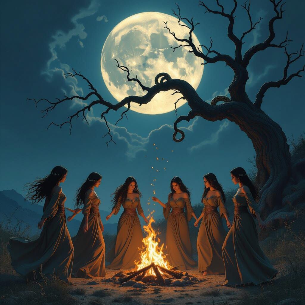 Pagan Women Dancing by Firelight in Fantasy Art Style