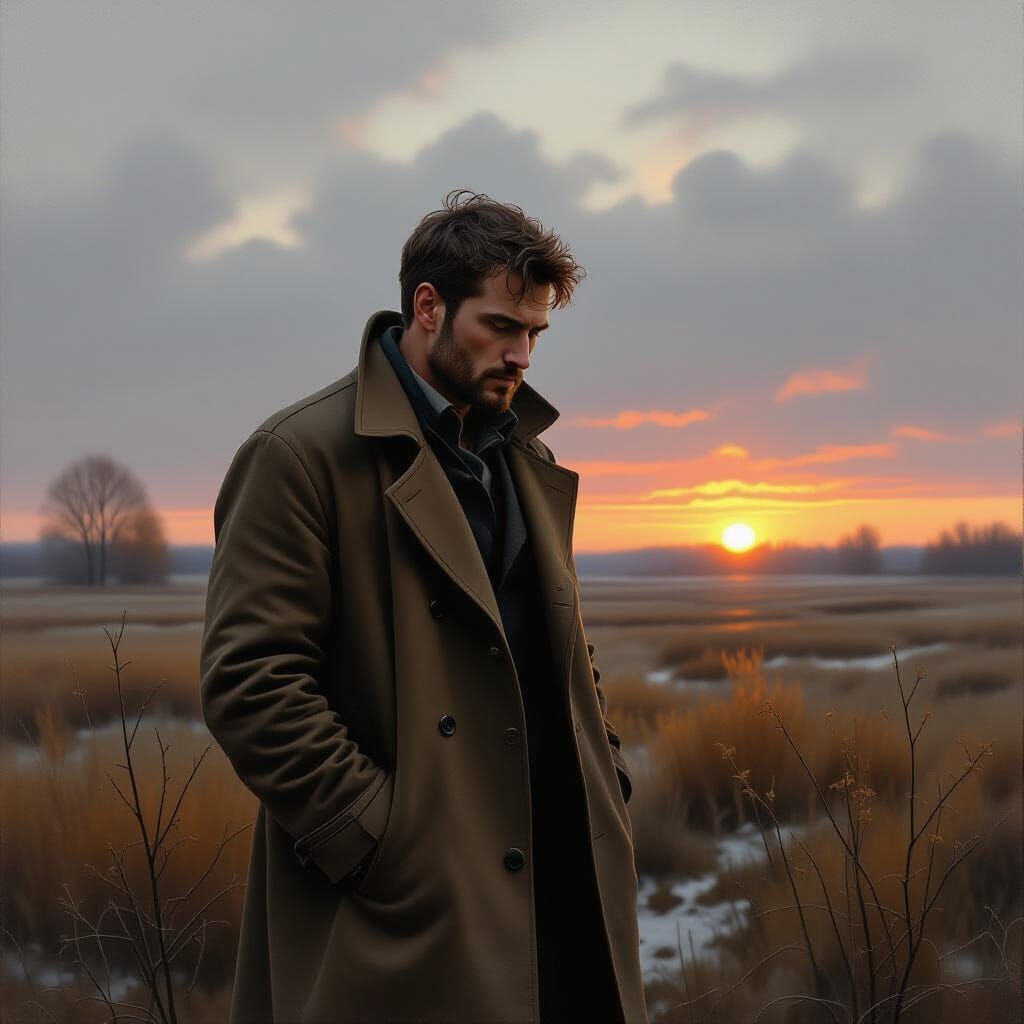 Melancholic Man in Autumn Landscape, Warm Sunset Glow