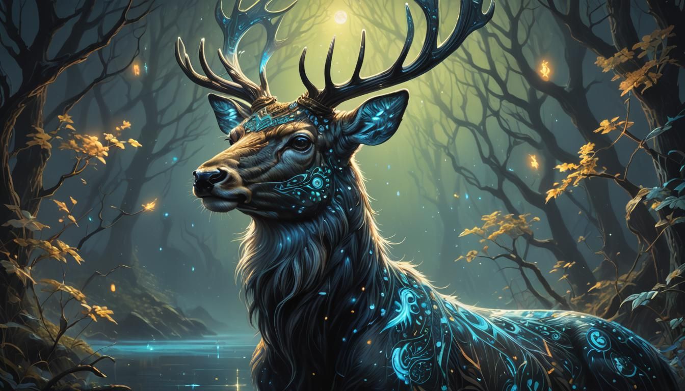 Bioluminescent Deer in Ornate Fantasy Oil Painting