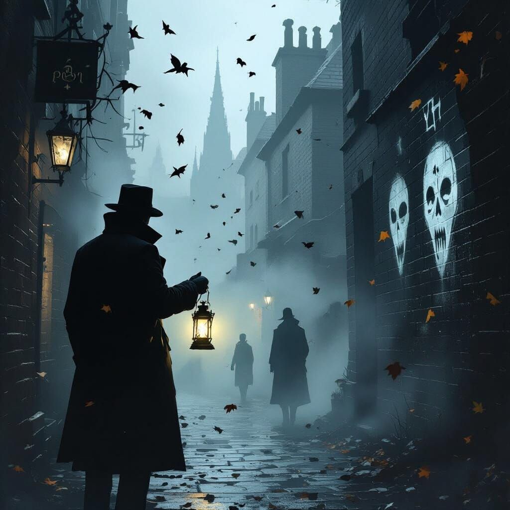 Eerie Detective in Foggy London Alley, Gothic Noir Style