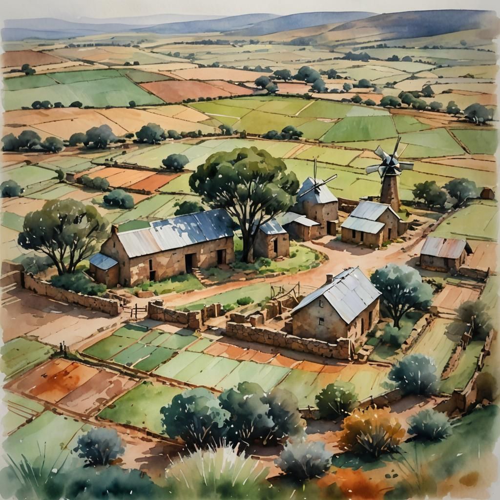 South African Farm in Watercolor Impressionism Style