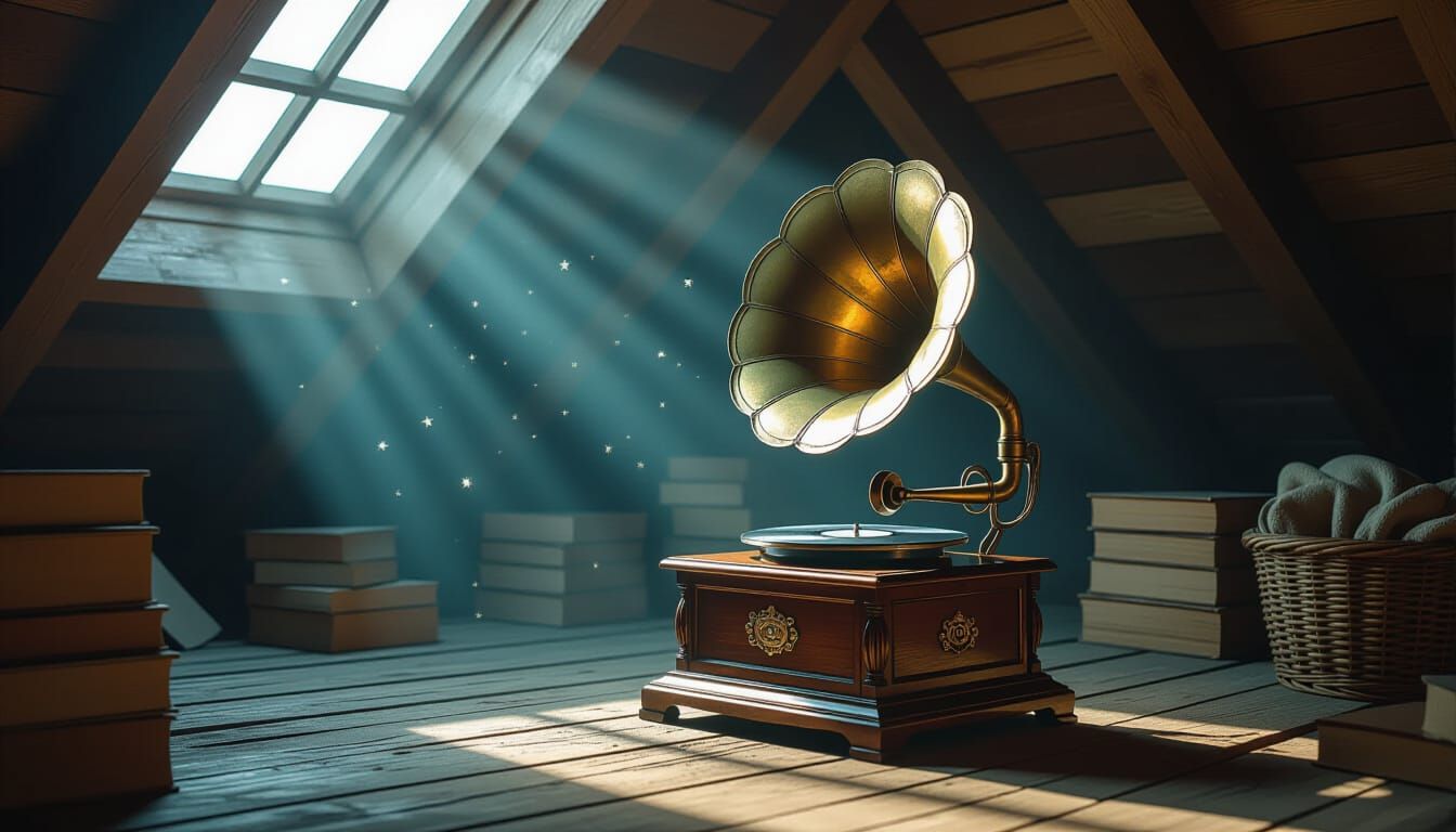 Nostalgic Gramophone Melody in Ethereal Attic Light