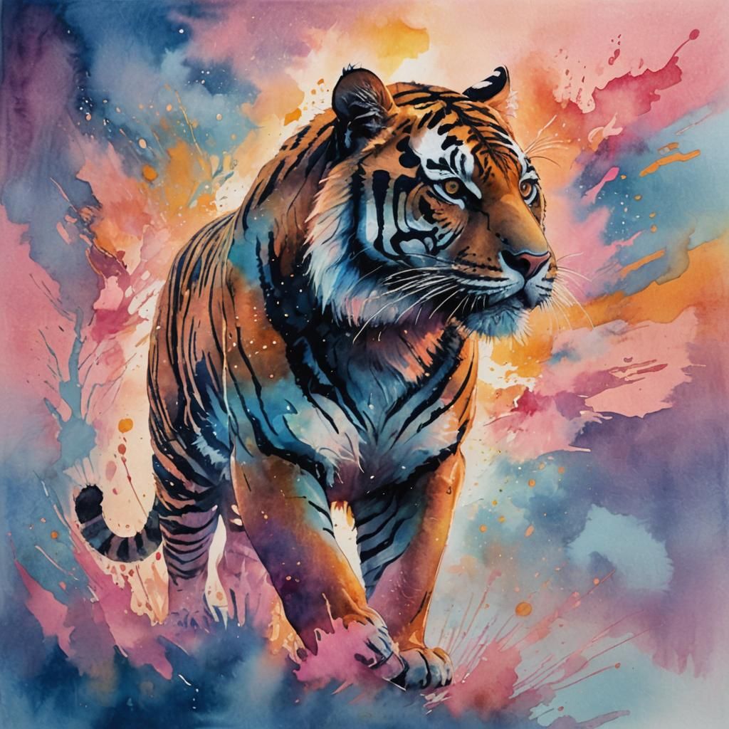 Watercolor Tiger Silhouette in Sunset Double Exposure