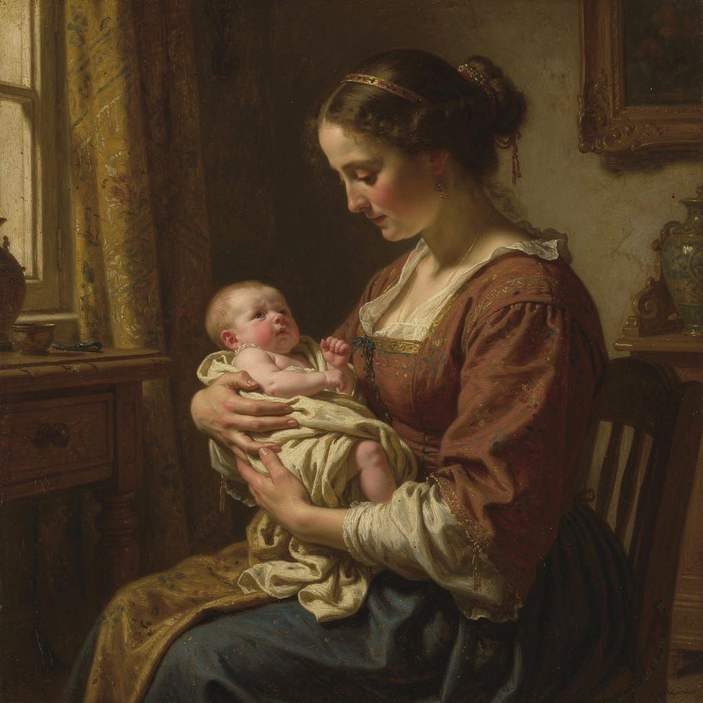 Tender Oil Painting of Mother Holding Newborn Baby