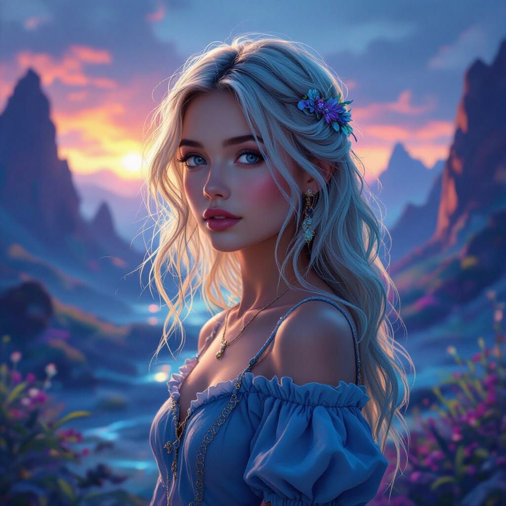Fantasy Concept Art of a Girl with Blue Streaked Blonde Hair