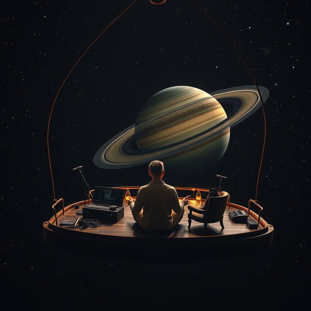 Man Meditates at Space Bar Near Saturn, Petting Cat