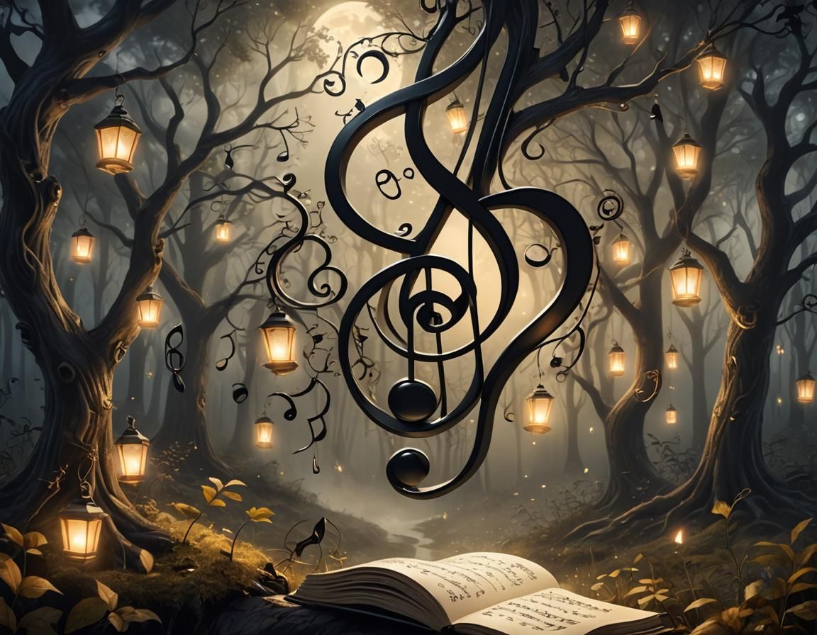 Mysterious Music Note in Dreamlike Forest, Klimt Style