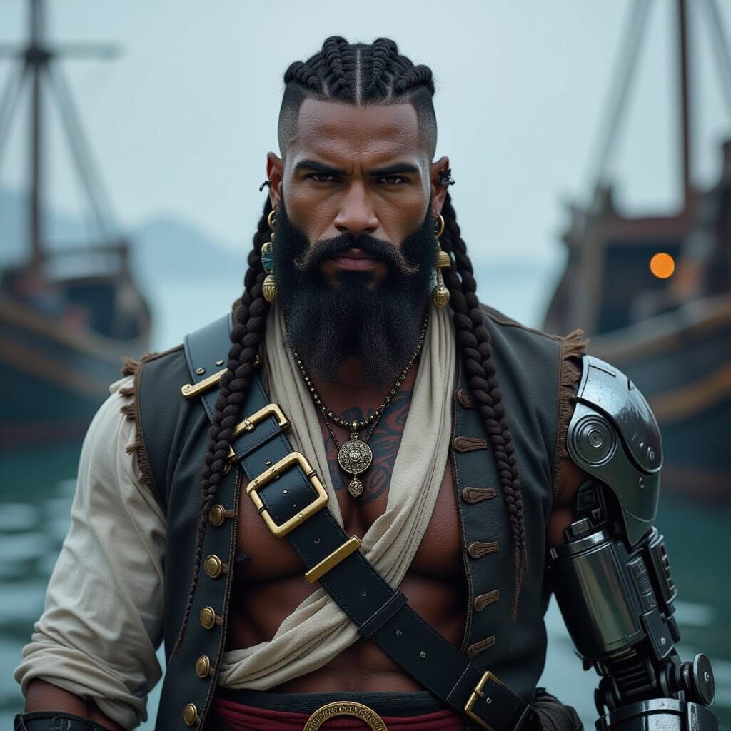 Muscular African Pirate with Robotic Arm and Tattoos