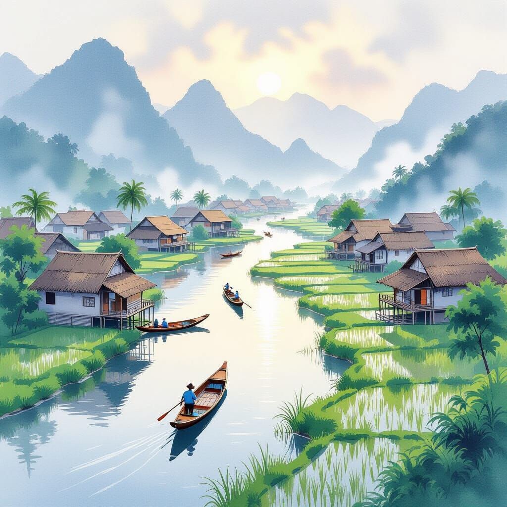 Serene Vietnamese Village by a River in Watercolor Style