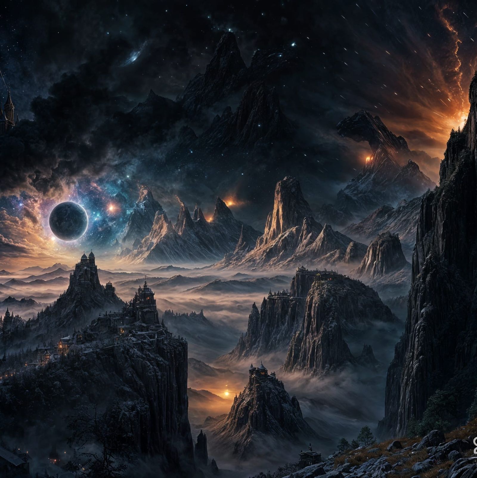 Ethereal Fantasy World of Glaciers and Celestial Bodies