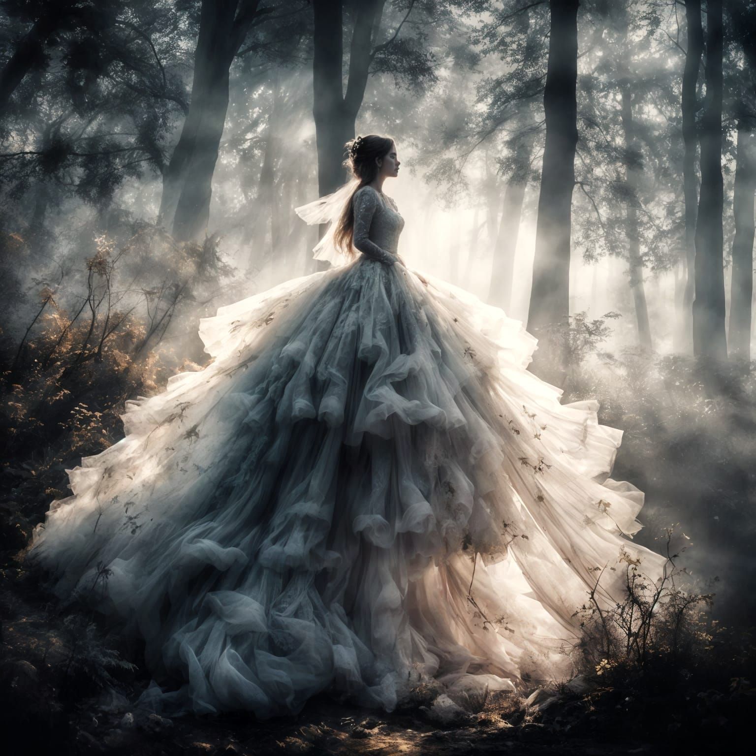 Ethereal Bride in Tulle and Lace Silhouette Against Heaven