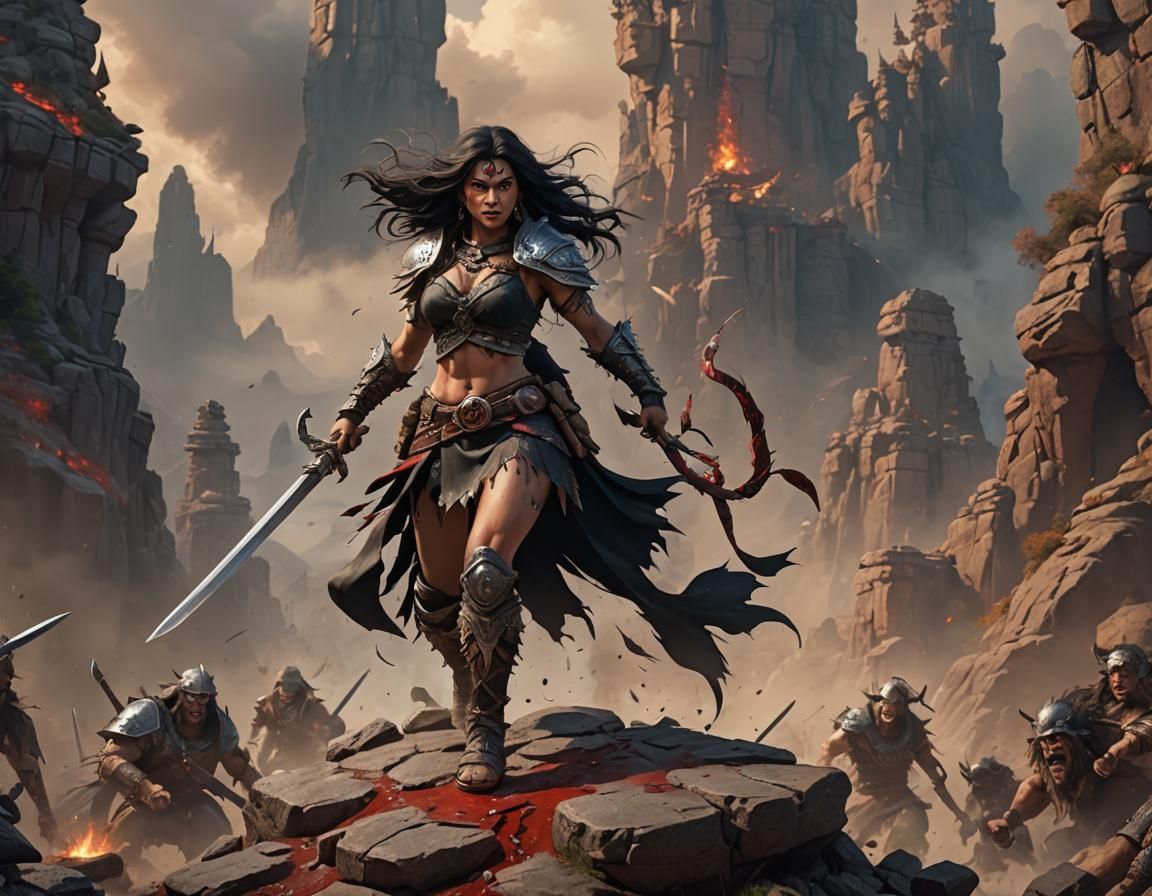 Fierce Barbarian Warrior Woman with Bloody Swords