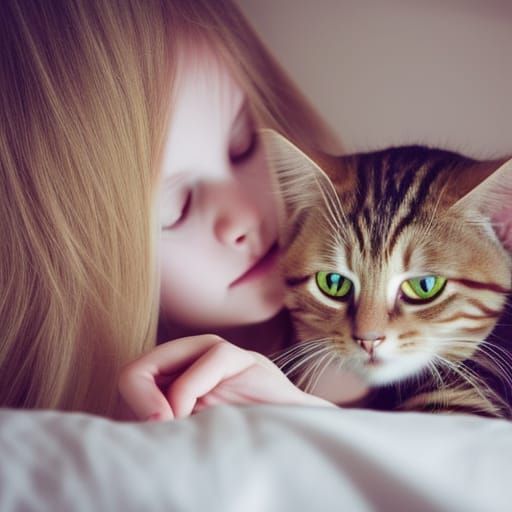 Girl Touches Looking Glass with Cat Watching