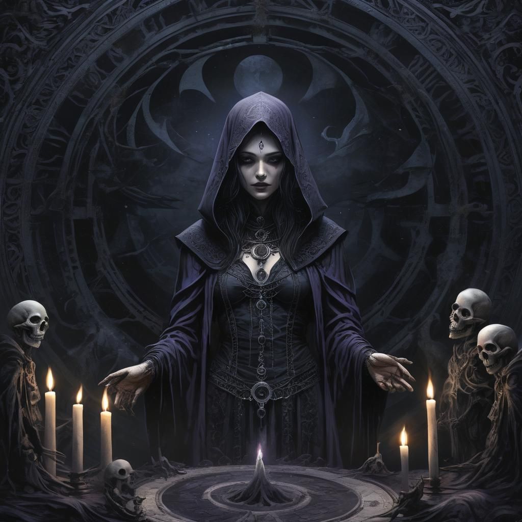 Gothic Priestess Summons Magic in Dark Fantasy Illustration
