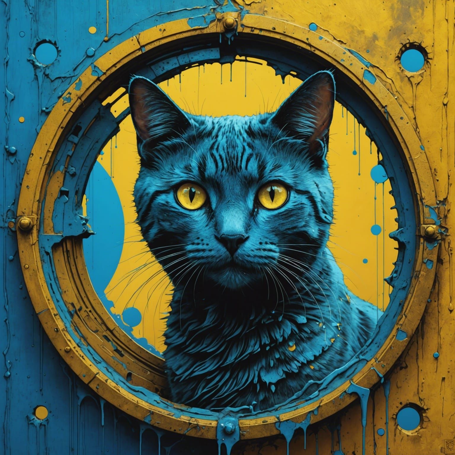 A cat looking into a portal Splash art Zdzisław Beksiński triadic colors shin hanga wet brush vignette AutoCAD retro cyb...