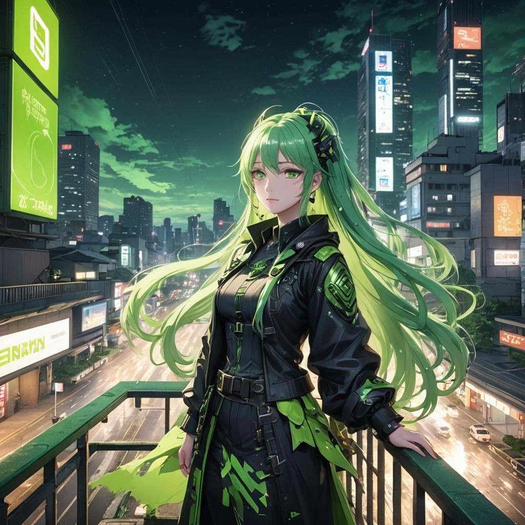 Anime Girl Overlooking Highway at Night