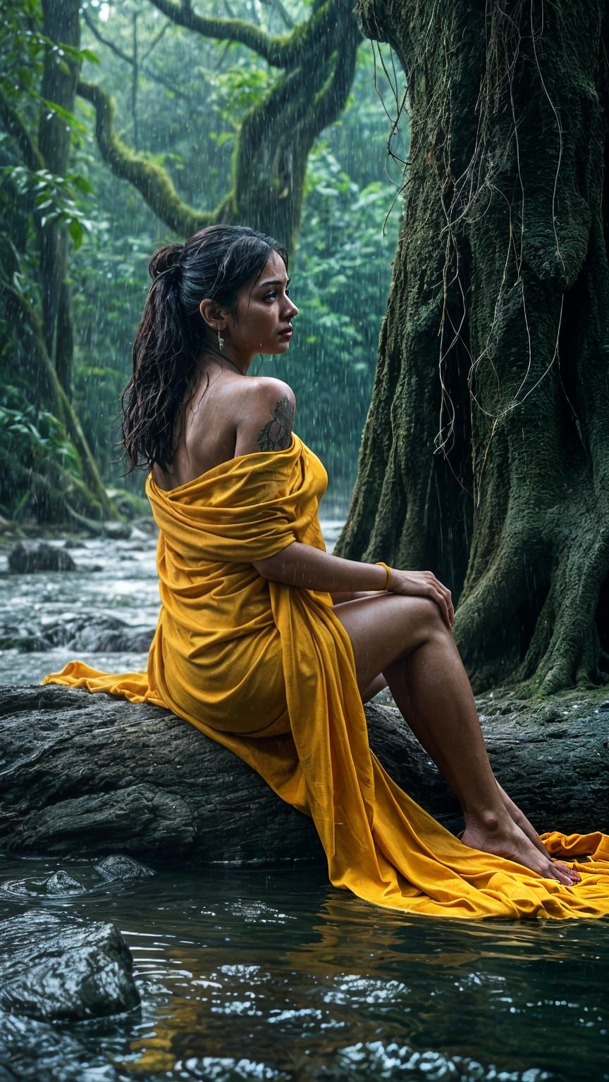 Woman Relaxing in Forest During Heavy Rainfall