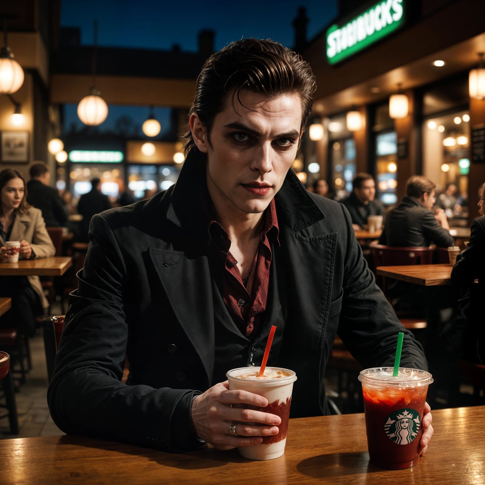 Vampire Sips Coffee in Modern Starbucks Scene
