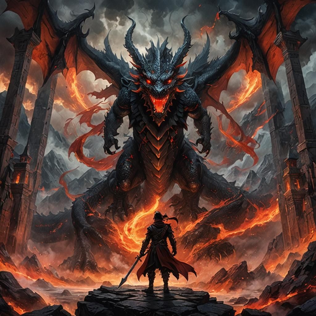 Shadow Dragon on Stormy Mountain in Dark Fantasy Art