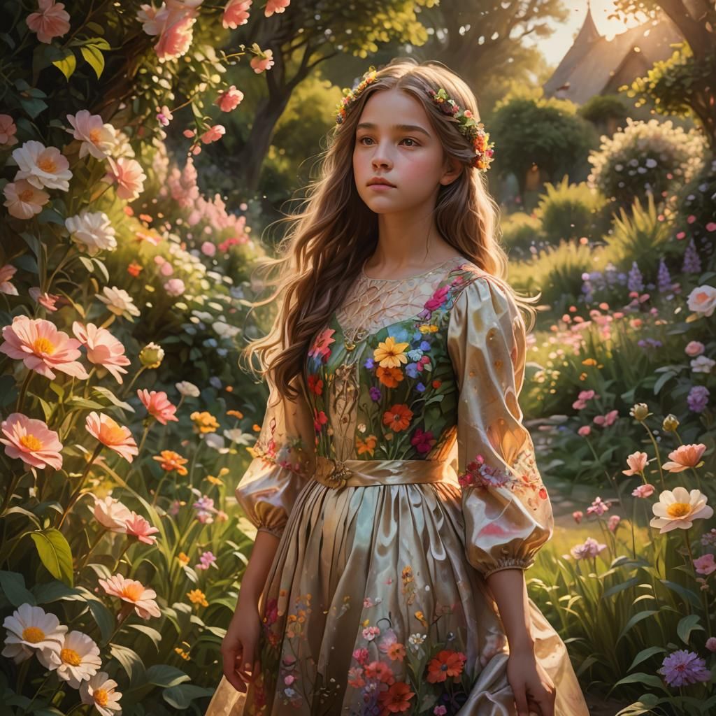 Dreamy Girl in Blooming Garden: Fantasy Art