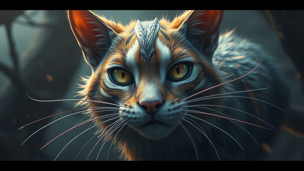 Mystical Cat in Shimmering Forest, Digital Art