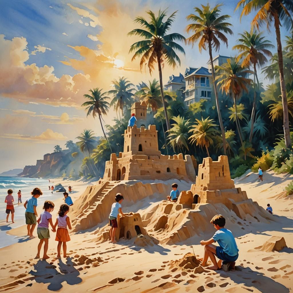 Children Building Sandcastle on Tropical Beach as Oil Painti...