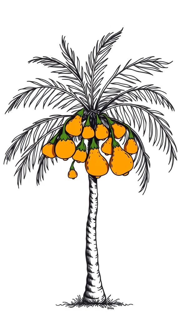 Palm Tree with Gourd Fruits in Ink Drawing Style