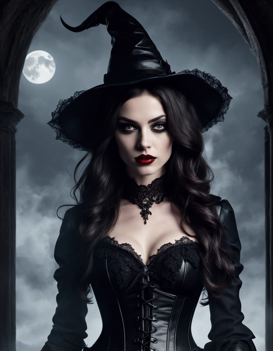 Gothic Witch with Bats in Dark, Moody Setting