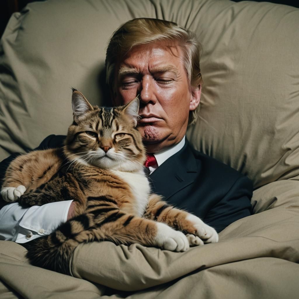 Cinematic Film Still of Trump Sleeping with Cat