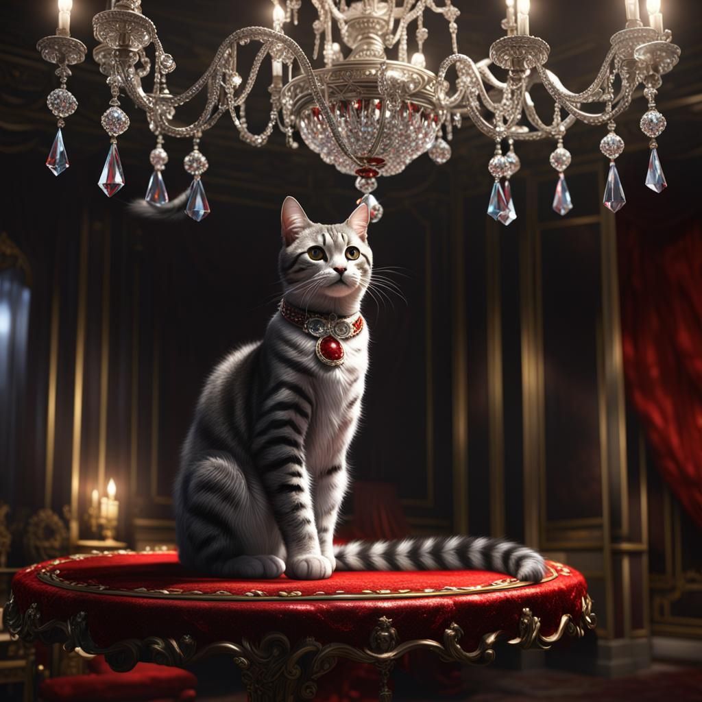 Tabby Cat Mischief in Elegant Room, Dark Fantasy Art