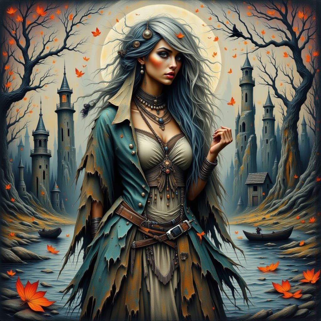 Ethereal River Witch Portrait with Flowing Water