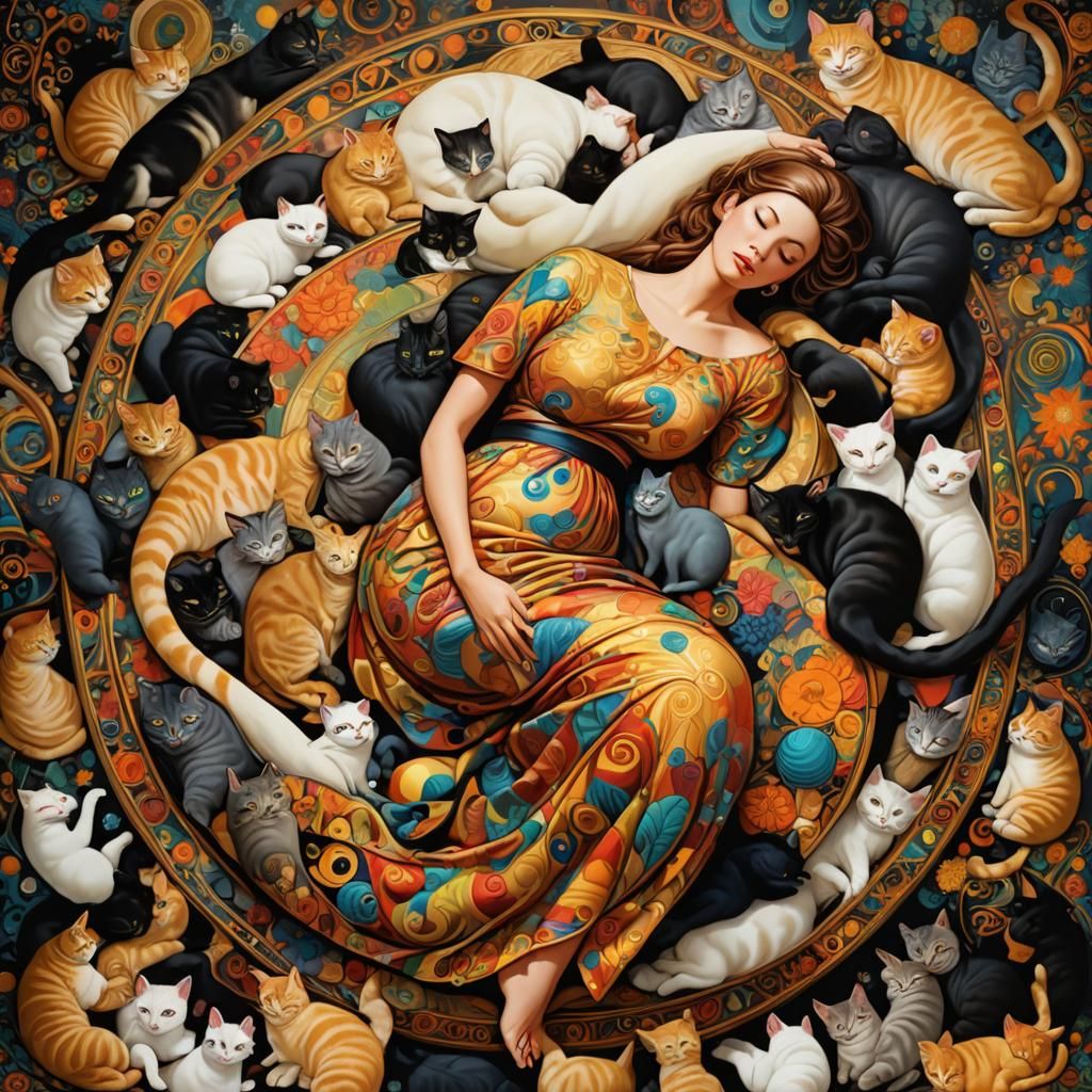 Surreal Woman with Orb and Sleeping Cats, in Pop Art Style