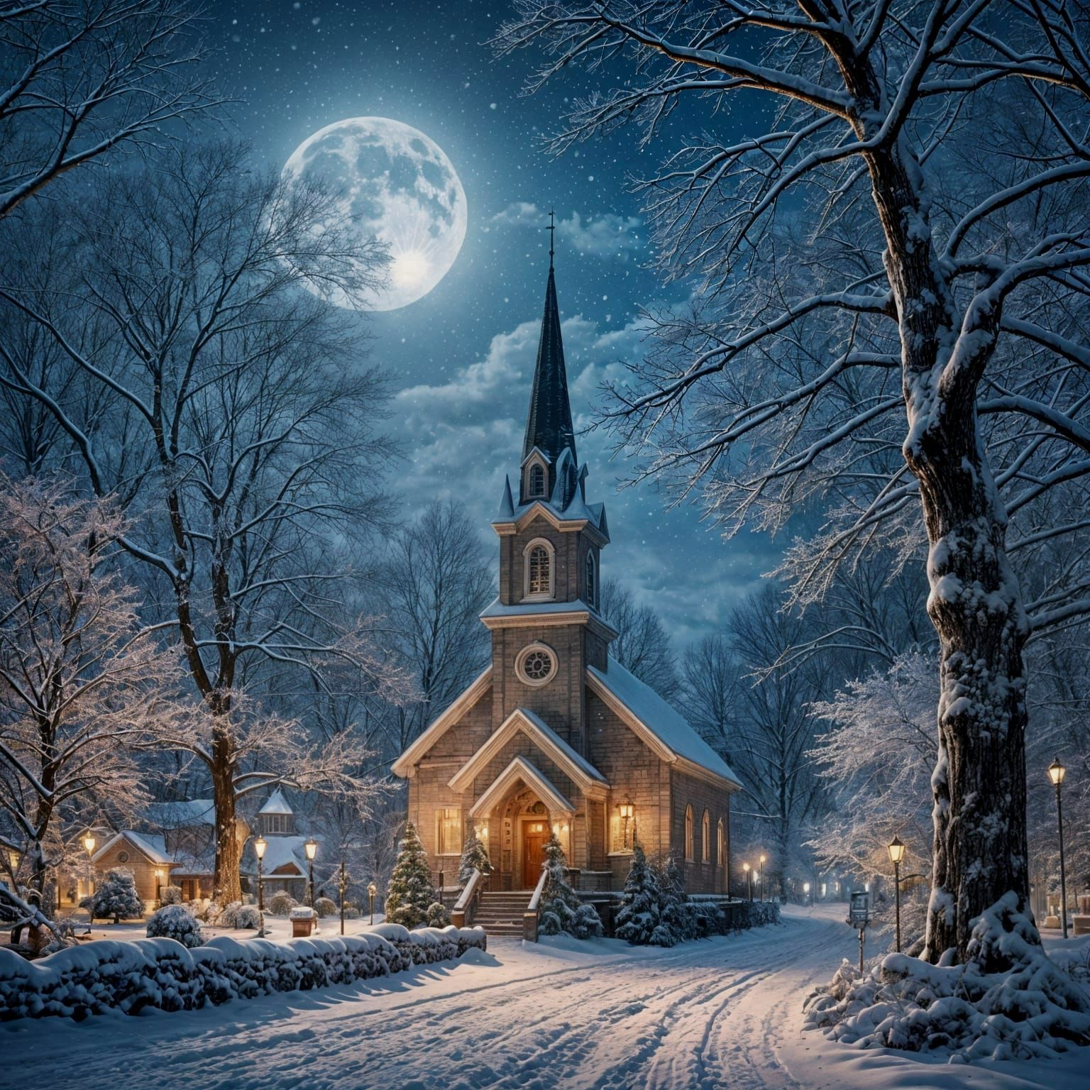 Surreal Christmas Eve Scene with Snowy Church Under Full Moo...