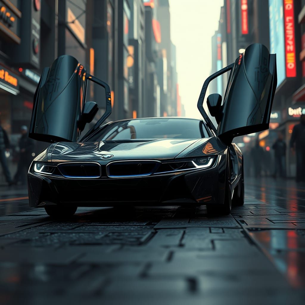 BMW I8 Driving in a Futuristic Mech City