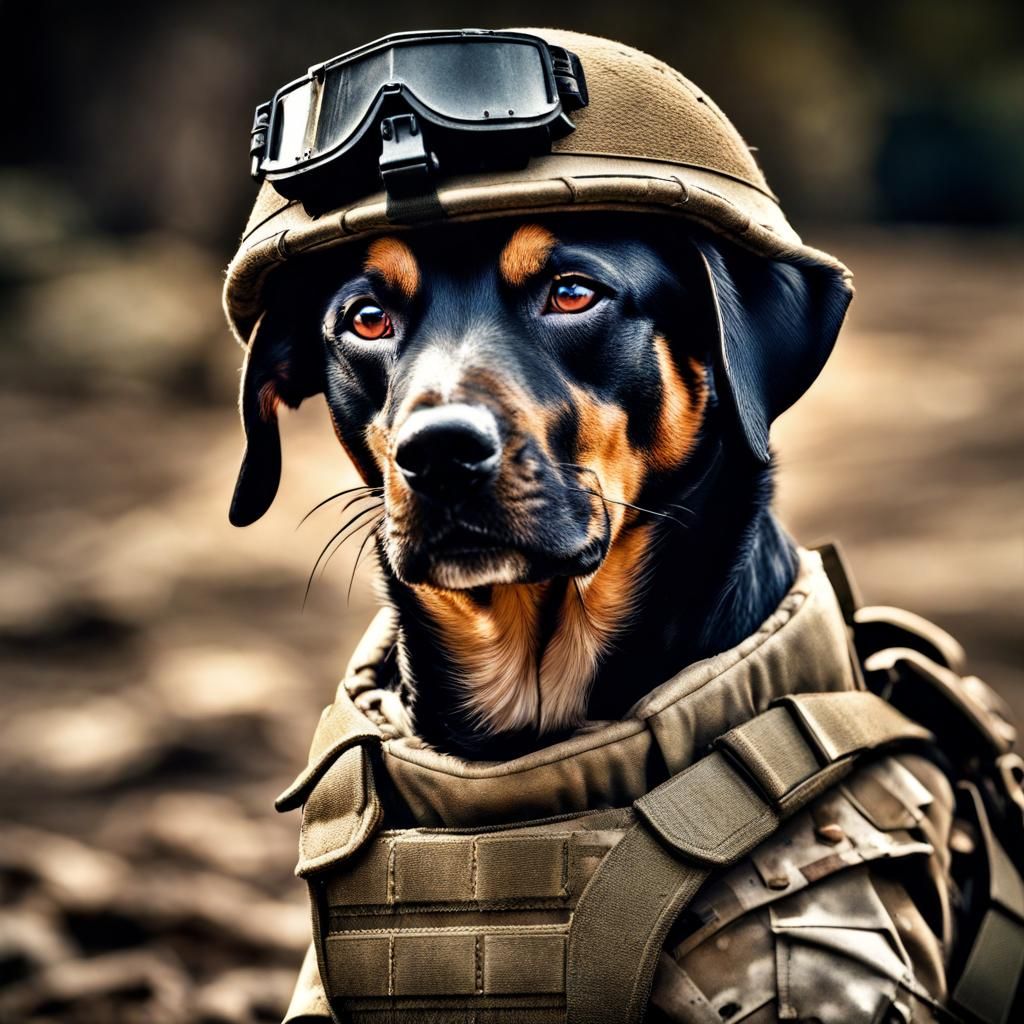 Hyperrealistic Soldier Dog in Atmospheric Lighting