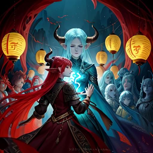 Tiefling Fire Mage vs Mindflayer in Fantasy Art