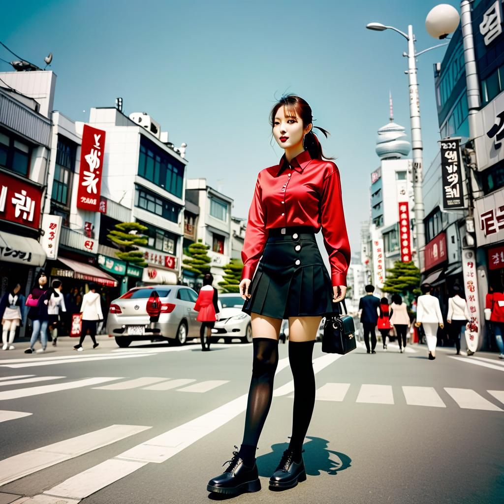 Korean Girl in Y2K Fashion on Hongdae Street