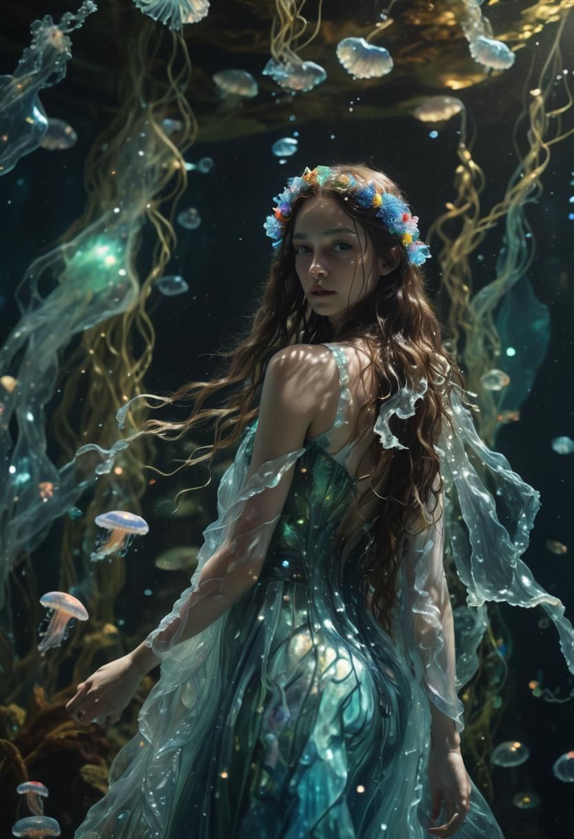 Underwater Nymph in Bioluminescent Grotto: Klimt-Inspired