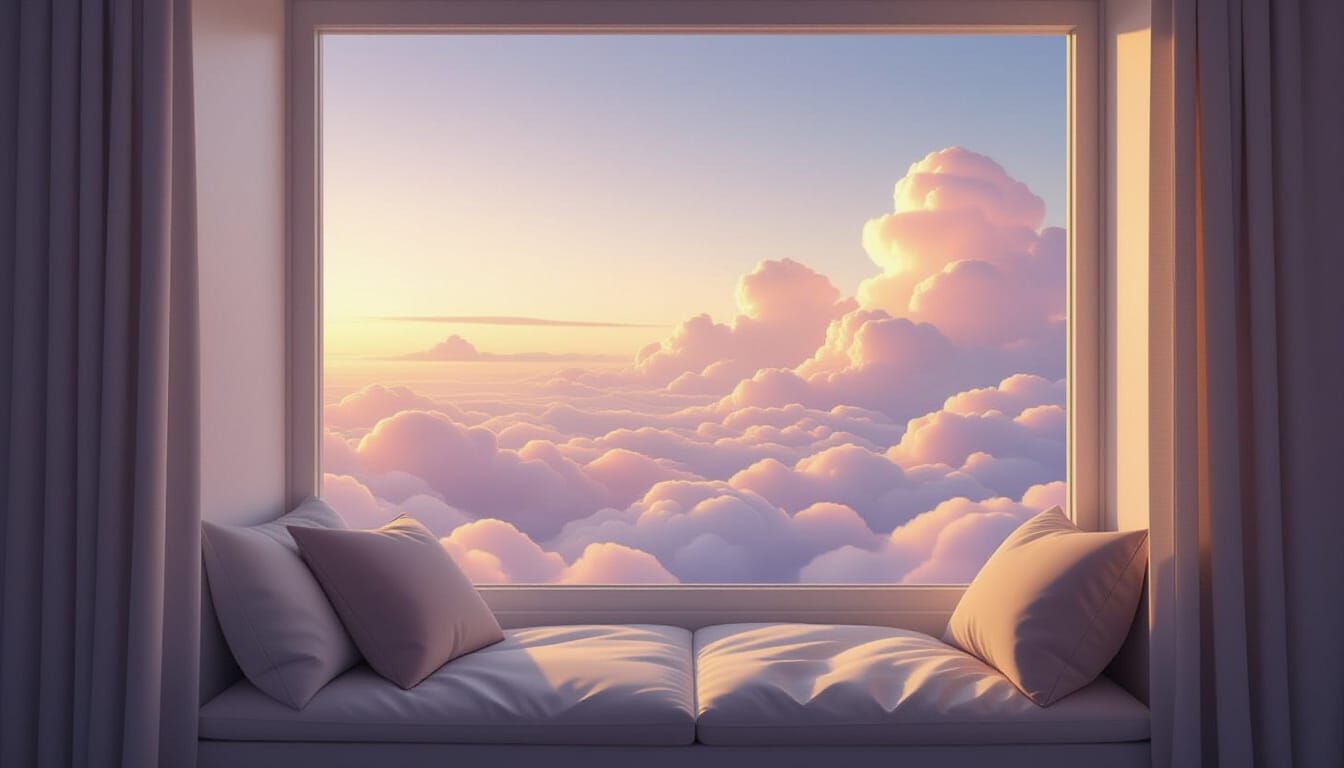 Cozy Reading Nook in Serene Cloudscape at Dawn