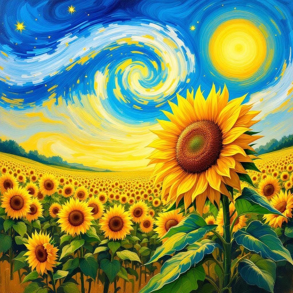Sunflower Field in Van Gogh Style Impasto Painting