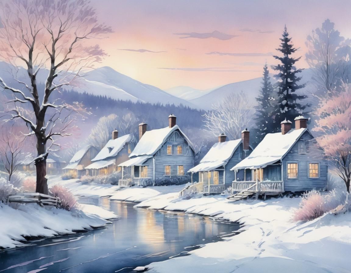 Vintage Winter Scene in Watercolor