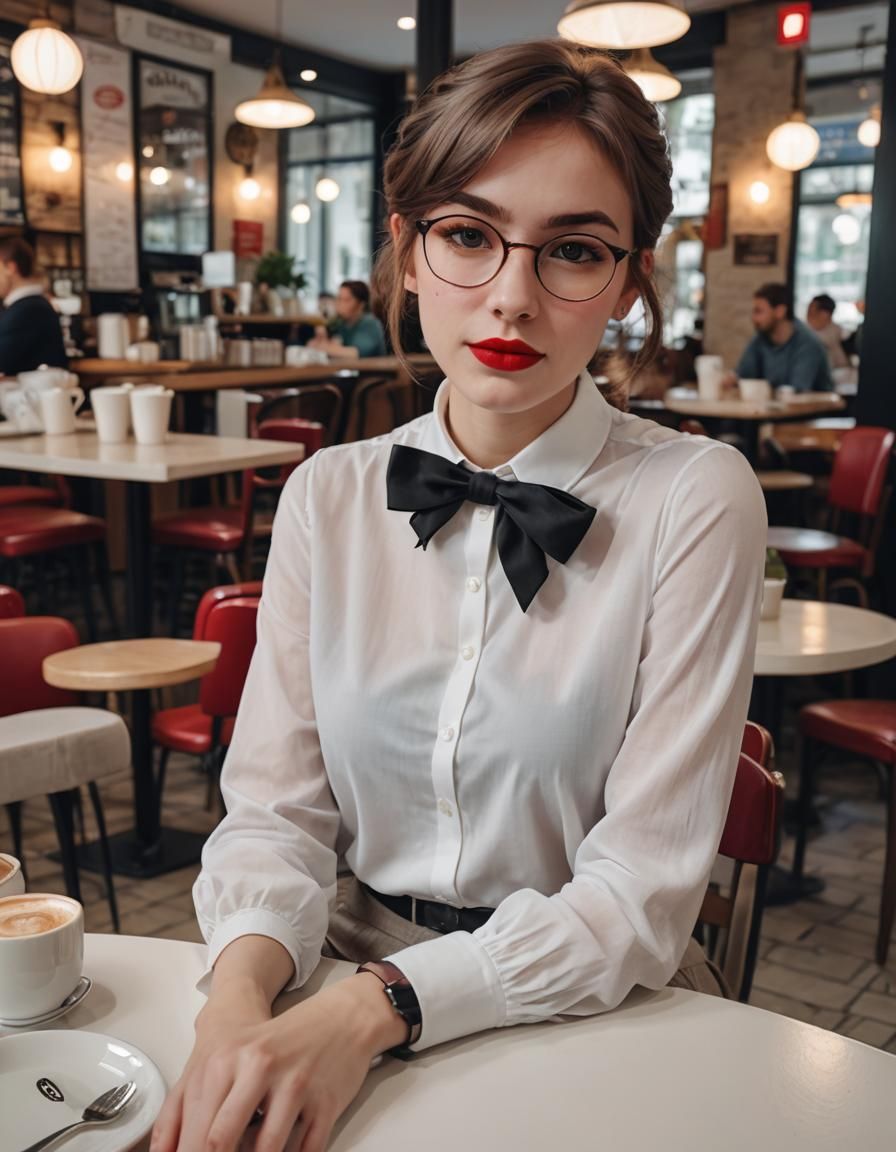 Nerdy Woman at Cafe with Bowtie and Glasses