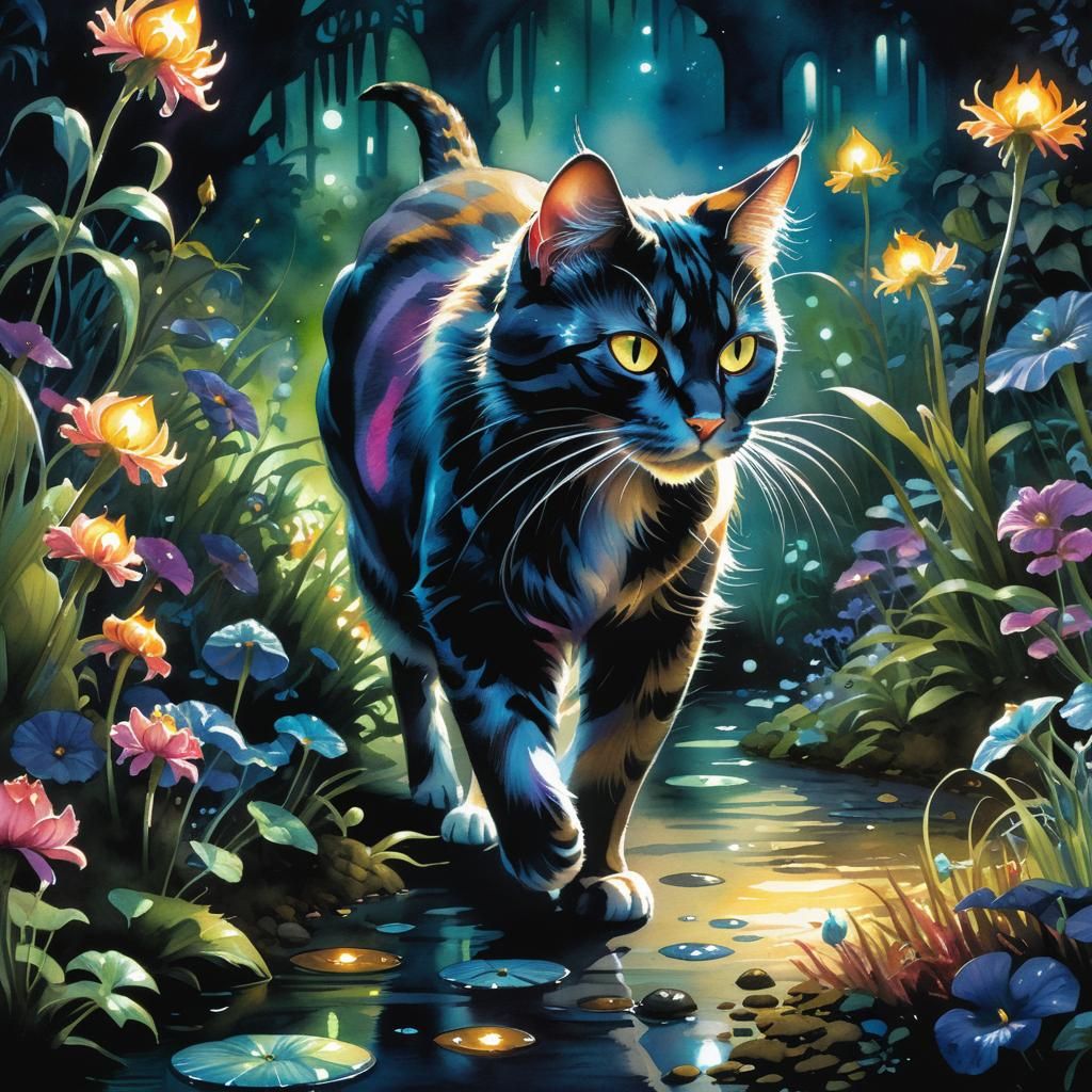 Bioluminescent Garden Cat Hunt in Watercolor